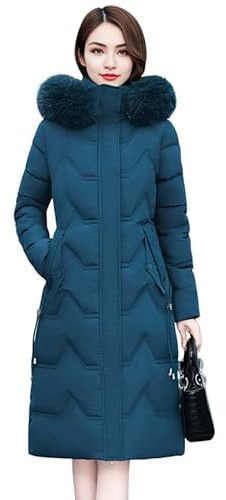 Runstarshow Lång vinterrock för kvinnor med huva vadderade jackor med huva i full längd, quiltade rockar, tjocka varma ytterkläder med fickor, enfärgad, plusstorlek, XL-7XL, BLÅ, XL
