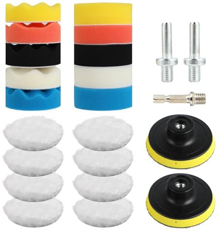 23 Stück Polierschwämme Pads - Polierpad Set 3 Zoll - Schwamm & Wolle - Zum Polieren, Schleifen, Wachsen - Für Auto, Bohrmaschine, Poliermaschine (Mehrfarbig)