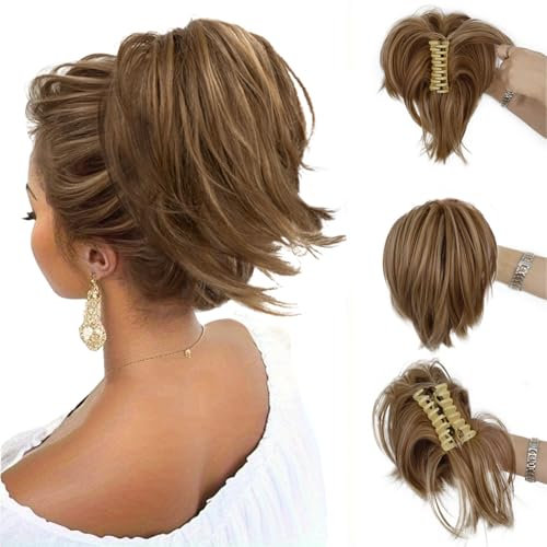 AOWVUTS Postiche Queue de Cheval avec Pince Naturel a Clip Ondulé Extension Queue de Cheval Synthétique Droite Court Extensions Chignon Cheveux Claw on Ponytail Bouclée pour Femmes Filles