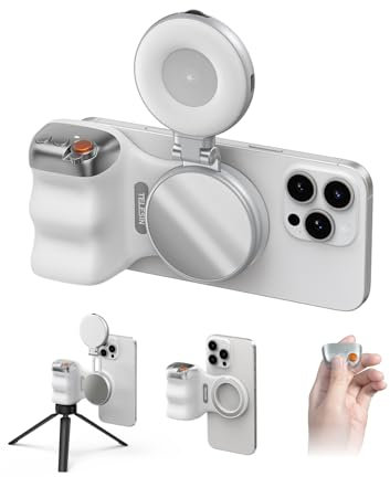 TELESIN Fun Shot - Agarre magnético y luz magnética C03 para selfies (plateado) compatible con iPhone y Android, kit para fotos/TikTok/llamadas de zoom