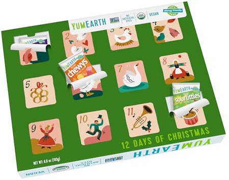 YumEarth Holiday Organic 12 Day Advent Calendar - Christmas Candy Non GMO, Gluten Free, Dye Free, Vegan - Sour Littles, Fruit Snacks, and Chewys Snack Packs