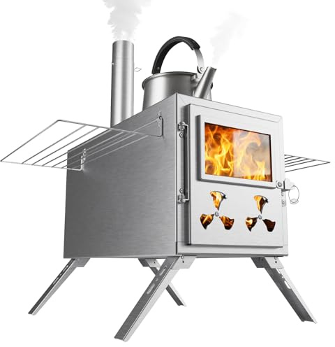 MOPHOTO Hot Tent Stove, Camping Wood Stove with 8 Chimney Pipes-46x25x27cm | Stainless Steel Chimney Pipes, Spark Guard, Outdoor Heating, Cooking, Ice Fishing, Hunting