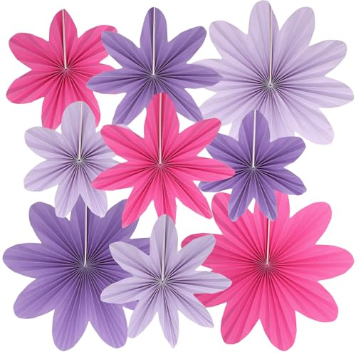 Pink Purple Paper Flowers Decorations, Kaluofan 9PCS Flowers Decorations | Paper Flowers Decorations for Wall Purple Hanging Floral Party Decoration for Birthday Wedding Carnival Thanksgiving