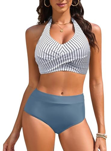 Vijamiy Bikini dam set hög midja mage väg baddräkt tvådelad sexig v-ringad push-up bikini nackhållare badmode stora storlekar strand pool, Blå och vit, S