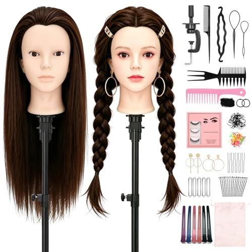 Yofuly 61 cm/24 tum toaletthuvud med örhål, 80 % äkta hår övningshuvud, makeup styling träningshuvud, mannequinkhuvud med bordsklämma + ögonfransar + gör-det-själv-flätset (brun)