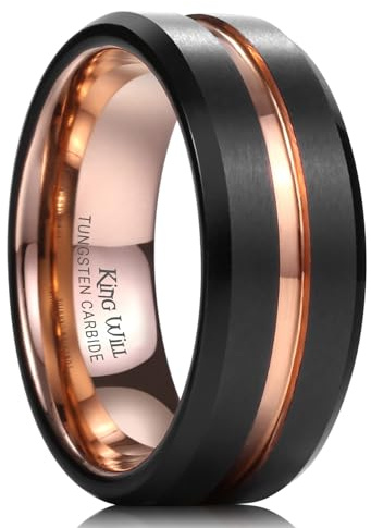 King Will Tungsten Carbide Wedding Band for Men Women-8mm Width in Black with Rose Gold Grooved Center Wedding Ring Matte Finished Suitable for Work, Gym Comfort Fit Size 10