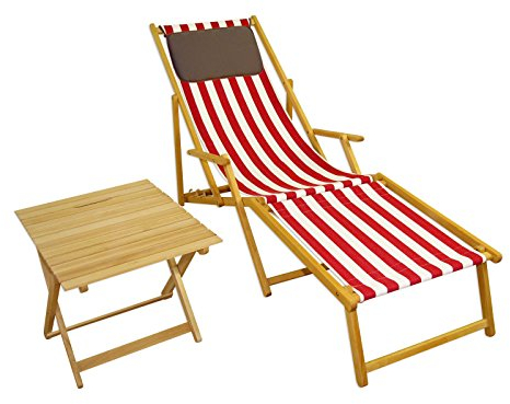 Erst-Holz Liegestuhl rot-weiß Gartenliege Strandliege Buche Natur Fußteil Tisch Kissen 10-314 N F T KD
