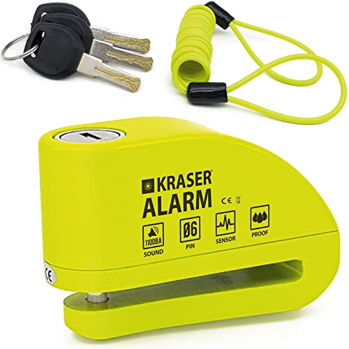 KRASER KR6Y Candado Moto con Alarma 110dB, Antirrobo Disco Reforzado, 3 Llaves (Otros 2) Alta Seguridad, Impermeable, Accesorios Cable Bolsa Pilas, Pinza Cepo Bloqueo 6mm Universal Scooter Bicicleta