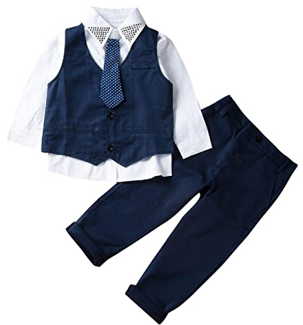 Ensemble de baptême pour garçons 4 pièces robe de mariée costume garçons Gentleman costume chemise à manches longues + nœud papillon + gilet + bretelles costume de fête