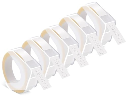 Cruxer Lot de 5 rubans de gaufrage de rechange pour Dymo Omega - 9 mm x 3 m - Blanc sur étiquettes en vinyle transparent pour étiqueteuses Dymo Omega Junior