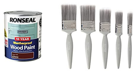 Ronseal 10 Year Weatherproof 2-in-1 Wood Paint Dark Oak Gloss 750ml and Harris Essentials Walls & Ceilings Paint Brush Set | Pack of 5 | 0.5, 1, 1.5, 2