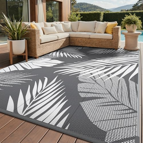 GENIMO Outdoor Rug 8' x 10' Waterproof for Patios Clearance, Reversible Plastic Straw Camping Rug Carpet, Large Area Rugs Mats for RV, Picnic, Backyard, Deck, Balcony, Porch, Beach, Grey&White