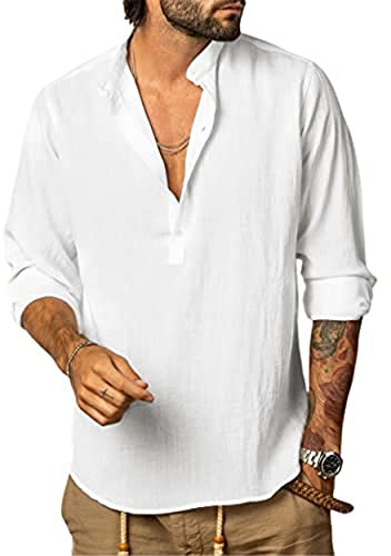 YAOHUOLE Men’s Cotton Linen Shirt Long Sleeve Casual Henley Collarless Grandad Shirts Tops Summer Beach Tops