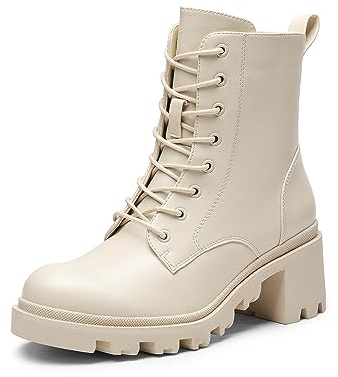 DREAM PAIRS Stivali Donna con Tacco Grosso, Stivaletti Biker Autunno Invernali, Scarpe Fashion, Size 38, Beige, SDAB2317W