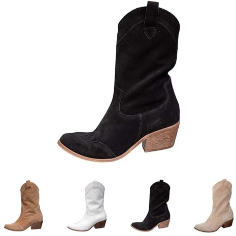 Botas Texanas Mujer con Tacón Bajo Western Invierno Botines de Media pantorrilla Botas Altas Mujer con Tacón Botines Cremallera Botas Western para Mujer Boots de Punta Equitación Botas, Negro , 43 EU