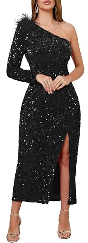 VERWIN Vestito da donna con paillettes monospalla aderente con colletto obliquo, maxi abito scintillante con spacco e design avvolgente da cocktail, Nero , XXL