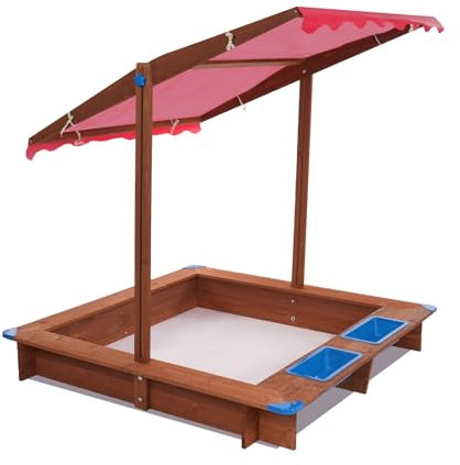 Sabbiera con copertura, 121 x 126 cm, in legno, per bambini, con tetto girevole e regolabile (rosso)
