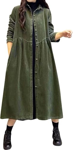 Robe en Velours côtelé Automne et Hiver pour Femme Robe boutonnée à Manches Longues rembourrée Robe de poupée Vintage en Velours côtelé Veste en Velours côtelé Coupe-Vent (Green,Grand)