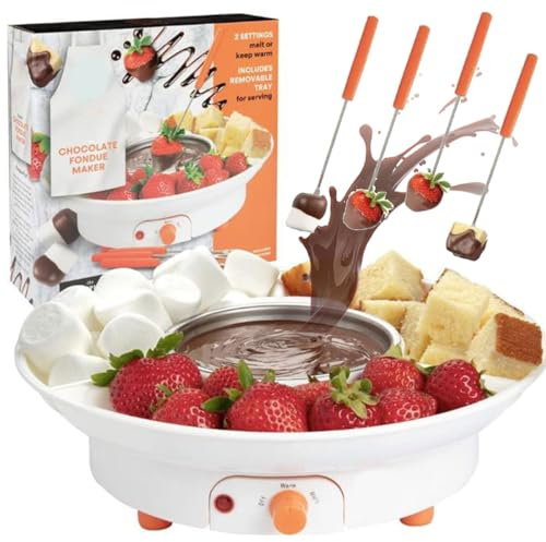 Pentola per fonduta di Cioccolato, Set per fonduta di Cioccolato Perfetto da 260 ml con 4 forchette e 3 vassoi a Scomparti, modalità Riscaldamento e Mantenimento in Caldo, Set per fonduta elettrica