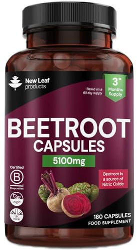 Beetroot Capsules 5100mg - High Strength Beetroot Supplement 180 Vegan Capsules - Nitric Oxide - Enriched with Black Pepper Made in The UK By New Leaf