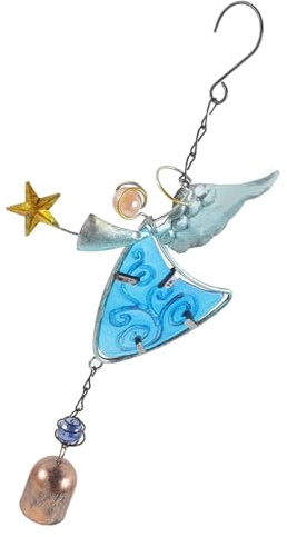 CAXUSD Carillón de Viento de Ángel en Vidrio Pintado, Adorno Colgante de Hierro, Azul, para Jardín y Balcón Exterior