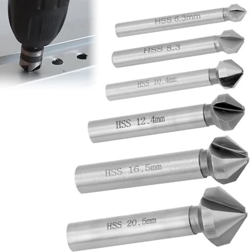Bamyli 6 Stück Kegelsenker Set, 6.3-20.5 mm 90° HSS Senker Metall Entgrater, Drei-Schneiden Hochgeschwindigkeitsstahl Senkerbohrer für Präzises Bohren in Holz, Metall Kunststoff