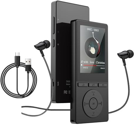 Lecteur MP3 64 Go, MP3 Bluetooth 5.3 avec Haut-Parleurs, Lecteur Musique, Enregistreur Vocal, Radio FM, Chaîne Hi-FI, Écouteurs, Écran Couleur 2,4 Pouces, Emplacement pour Carte TF 128 Go, Noir