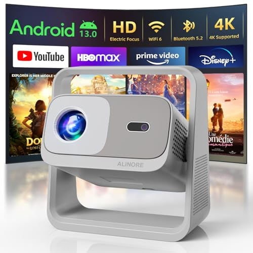 ALINORE Proyector inteligente con WiFi y Bluetooth, aplicaciones integradas, enfoque eléctrico y proyector portátil Keystone automático para exteriores, proyector nativo 1080P 4K, proyector de
