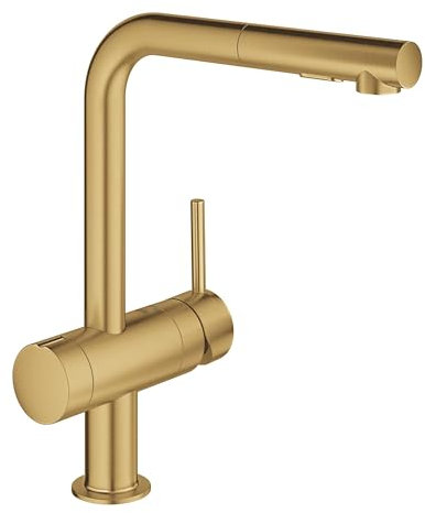 GROHE Minta 31558GN0 Robinet mitigeur extractible pour évier de cuisine (pivotant à 360° bec haut L taille 328 mm, cartouche céramique 46 mm, queue 3/8, facile à installer), or brossé