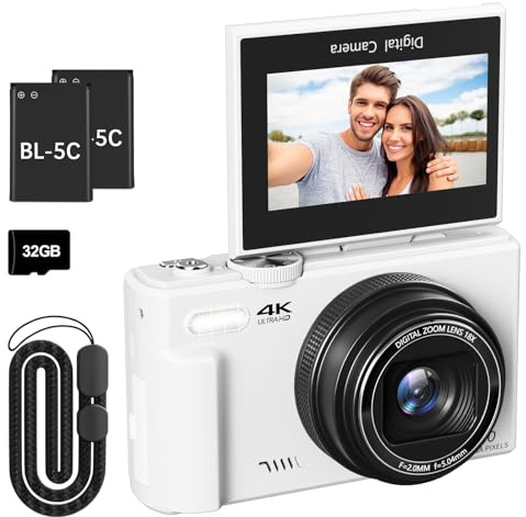 Fotocamera digitale 4K per fotografia, fotocamera Vlogging da 64 MP per YouTube con schermo flip da 3 pollici a 180°, punto zoom digitale 18X e fotocamera con scheda Micro SD da 32 GB per principianti