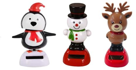 3 Pieces Christmas Snowman Penguins Elk Solar Power Dancing Figures, Solar Powered Dancing Toys for Car Dashboard, Cute Shaking Head Car Ornaments for Dashboard Desk Home Decoration, Gift for Driver