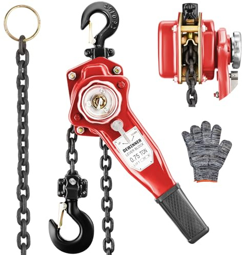 Paranco a leva manuale 0,75t DEWINNER, altezza di sollevamento 2,8 m, catena G80 in acciaio al carbonio, gancio orientabile a 360°