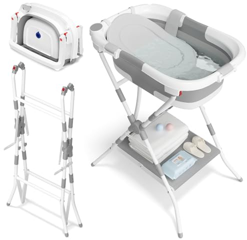 Bañera plegable 2 en 1 con soporte, bañera para bebé con red de soporte de baño, adecuada para recién nacidos y niños pequeños, diseño plegable y multiusos para almacenamiento, ideal para viajes y
