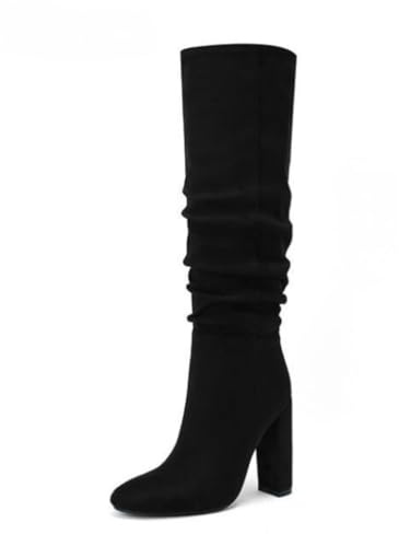 Botas Mujer Holgadas Altas hasta La Rodilla Tacón Grueso Punta Redonda Ante Botines Plantilla Acolchada Noche Fiesta Baile Casual Elegantes Duraderos,Negro,41 EU