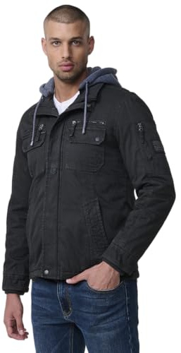 Koroshi Chaqueta cazadora de hombre con capucha, bolsillos y cierre delantero de cremallera. confeccionada en 100% algodón resistente y transpirable., de color black, Talla XL