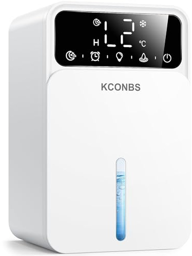 Dehumidifier for Home, 60 OZ Capacity, Auto Shut-Off for Medium Rooms up to 500 Sq.Ft, Portable Quiet for Bedroom Bathroom Basement, 24H Timer & 7 Color Lights (White, 7.36 × 6.77 × 10.47 inch)