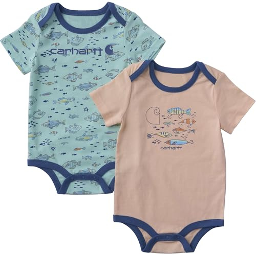 Carhartt Baby Boys' Set of Two Printed Short Sleeve Knit Bodysuit, Bright Turquoise and Orange Fish Print, 3M