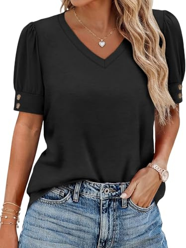 Cuptacc T-shirt dam v-ringad blus damer sommar elegant puffärmar topp casual ledig ledig basic topp