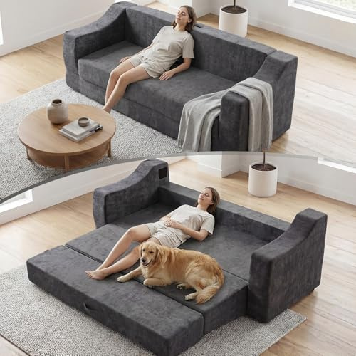 CJJZFO 2-in-1 Boneless Couch Schlafsofa: Sofa 200 cm 3 Sitzer Faltbare Schlafsessel mit Armlehnen - Bequemes Schlafcouch für Wohnzimmer und Schlafzimmer als Lounge Gästebett, Grau