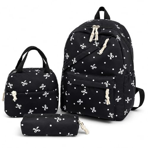 Vexilon 3PCS Bow School Bag Set, Bow Bag, Girls Backpack for Commute Travel | Black Adorable, Polyester, Backpack + Lunch Bag + Pencil Case