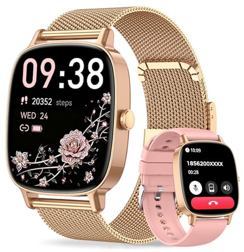 Smart Watches for Women, Answer/Make Call, 1.85'' HD Screen Fitness watch with Heart Rate/Sleep/SpO2 Monitor, Smart watch for iPhone/Samsung/Android, 120+Sport Mode, IP68 waterproof - Two Straps, Gold