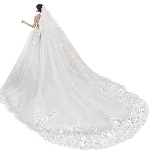 NCDIMS Velos de novia catedral de 2 niveles largos con lentejuelas y borde de encaje con peine, Blanco, 5 Meter