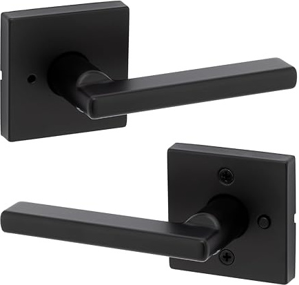 Kwikset Halifax Interior Privacy Door Handle with Lock, Door Lever For Bathroom and Bedroom, Matte Black Reversible Keyless Push Button Lock Door Lever, with Microban Protection, Square Rose