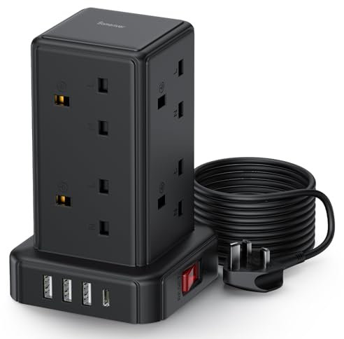 Tower Extension lead 3M, [13A 3250W] Surge Protection Extension lead with Switch, 8 AC Outlets & 4 USB Ports Plug Extension Socket, Extension Cable 3M Mini Power Strip for Office, Home, Kitchen