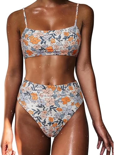 MOSHENGQI Women High Waisted High Cut Bikini Push Up Bandeau Swimsuits (L, Yellow Floral)