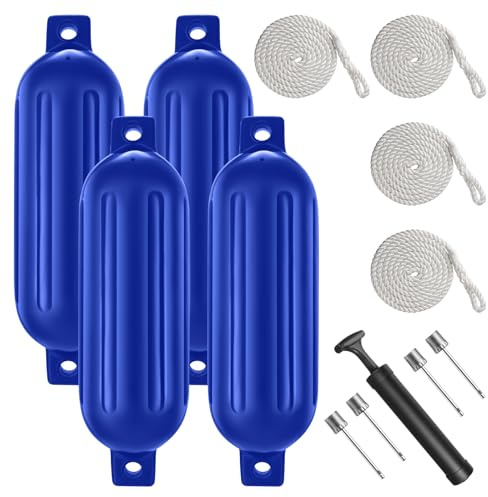 VOYOCHT Boat Fenders 6.5 x 23 Inches Twin Eyes Ribbed Boat Fenders Bumpers Pack of 4 with Lines and Pump to Inflate for Docking (Blue)
