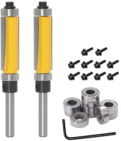 Bestgle 2Pcs 1/4 Shank Top and Bottom Bearing Flush Trim Router Bit with 10Pcs Top Mounted Replacement Bearings, Pattern Template Trimming Router Bits Woodworking Milling Cutter Tool