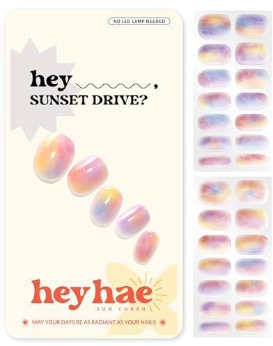 Heyhae Semi Cured Gel Nail Strips | No LED Lamp Needed | Marble, Pink, Spring | Easy Apply & Remove, Salon Quality | Includes 28 Strips, 1 Prep Pads, Nail File & Wooden Stick - Hey, Sunset Drive?