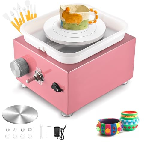 Tour de Potier, Couleeur 2000RPM Tour Poterie Électrique,avec Bassin en ABS Amovible et Plateau Tournant de 6.5/10cm Tour Potier Poterie Enfant et Adultes Outil de Bricolage pour Céramique(Rose)