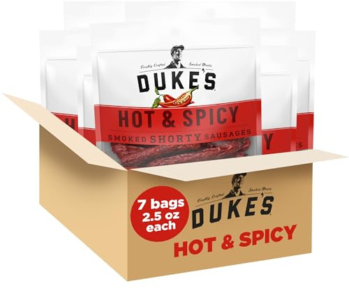 Duke's Pork Hot & Spicy Smoked Shorty Sausages, 7g Protein Per Serving, 2.5 oz. Snack Bags (Pack of 7)